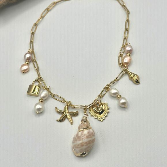 Gold Shell & Pearl Charm Necklace-Starfish, Heart & Lock Accents - Picture 6 of 7